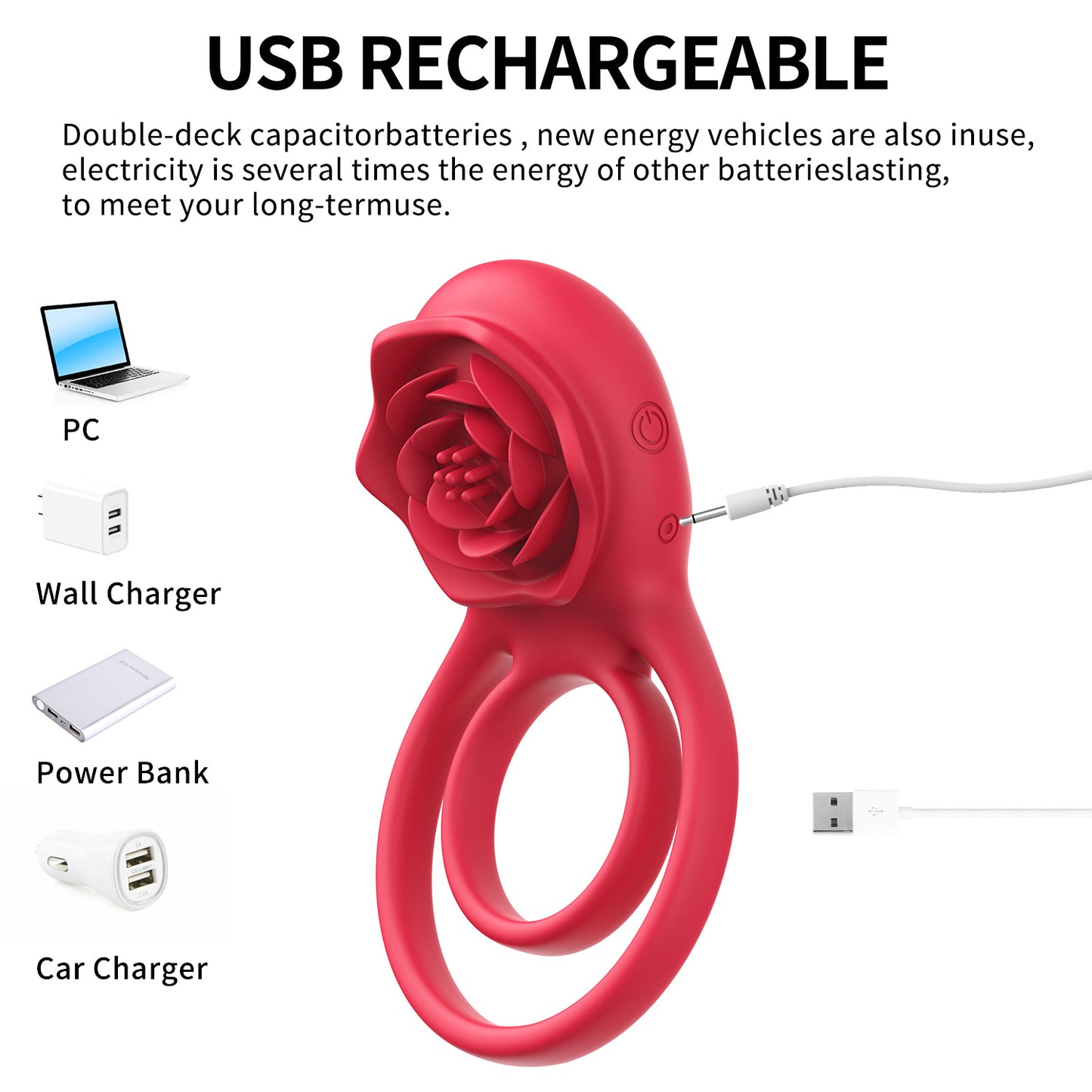 🌹4 in 1 Double Ring Rose Flower Vibrator Cock Ring